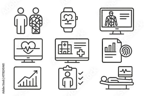 Healthcare Digital Twins Icons. Line style icons of healthcare digital twins: patient twin, wearable device feed, body scan