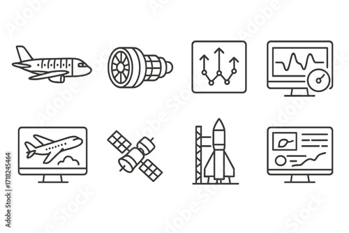 Aerospace Digital Icons. Line style icons of aerospace digital twins: aircraft fuselage twin, jet engine model, telemetry stream,