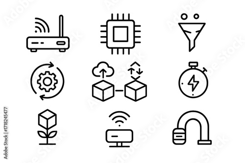 Edge Computing Icons. Line style icons of edge computing with digital twins: edge node device, local processing chip, data
