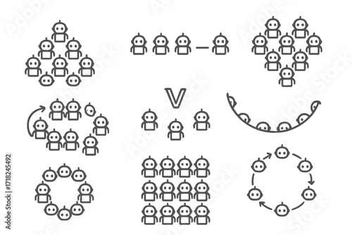 Robot Swarm Formations. Line style icons of robot swarm formations: triangle grid, linear array, hexagon pattern, spiral path,