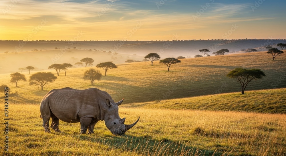 Fototapeta premium A rhinoceros grazes in a golden misty savanna at dawn with broad-canopy trees on rolling hills