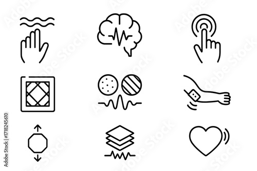 Future Haptic Icons. Line style icons of future concepts in haptics: mid-air wave, neural feedback pulse, touchless control