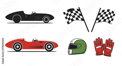 Classic racing cars and accessories with checkered flags in vintage style