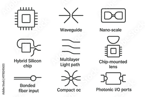 Photonic Device Icons. Line style icons of integrated photonic devices: micro photonic chip, waveguide cross, nano-scale cavity,