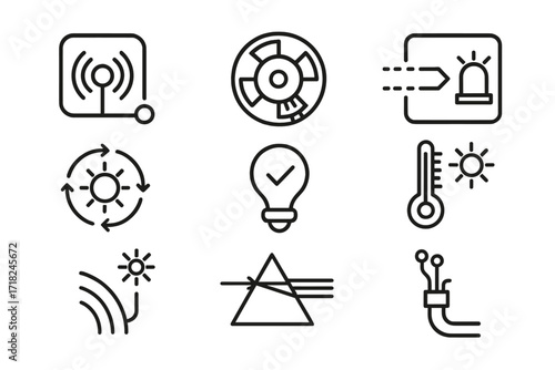 Optical Sensor Icons. Line style icons of optical sensor integration: signal sensor node, optical encoder, feedback photodetector,