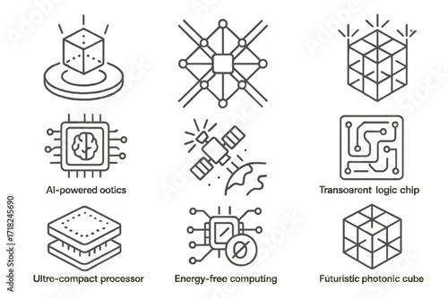 Futuristic Optical Computing Icons. Line style icons of future optical computing systems: holographic core, light-grid network, 3D