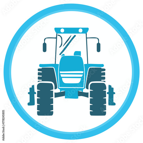 Modern blue agricultural tractor front view symbol inside a circle representing farm machinery and cultivation.