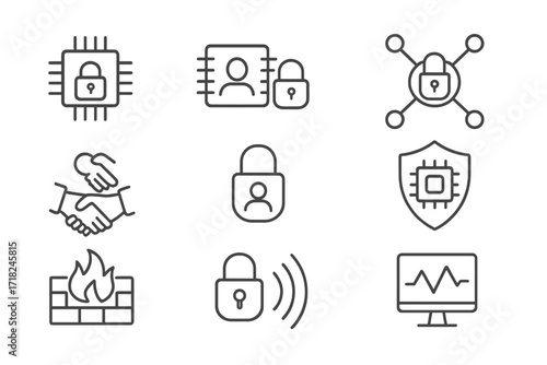Smart Dust Security Icons. Line style icons of smart dust security: secure data encryption icon, access control microchip, privacy