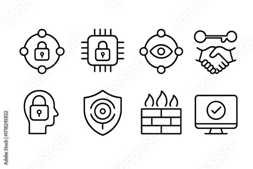 Smart Dust Security Icons. Line style icons of smart dust security: secure data encryption icon, access control microchip, privacy