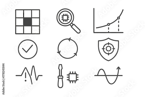 Smart Dust Icon Set. Line style icons of smart dust diagnostics and calibration: test pattern icon, micro scan tool, data