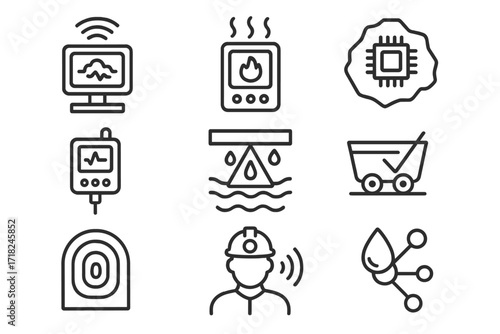 Smart Mining Icons. Line style icons of smart dust in mining: underground air quality monitor, explosive gas sensor, shaft stress