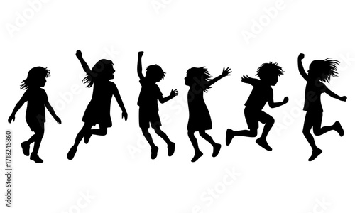 Kids Playing and Jumping Silhouettes in a Horizontal Row, Flat Vector illustration on White, easily editable and scalable.