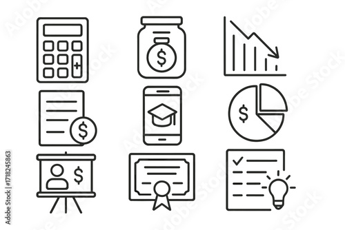 Financial Literacy Icons. Line style icons of financial literacy tools: budget calculator, savings goal icon, debt management