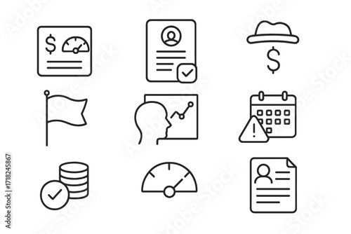 Risk Management Icons. Line style icons of risk management tools: credit scoring icon, borrower screening form, loan cap symbol,