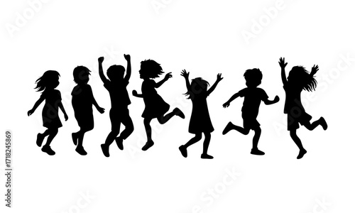 Kids Playing and Jumping Silhouettes in a Horizontal Row, Flat Vector illustration on White, easily editable and scalable.