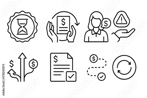 Loan Support Icons. Line style icons of loan default support mechanisms: grace period badge, restructure loan icon, debt