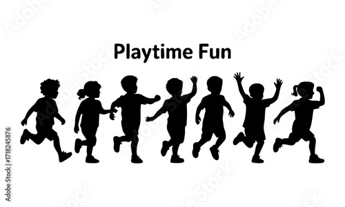 Kids Playing and Jumping Silhouettes in a Horizontal Row, Flat Vector illustration on White, easily editable and scalable.