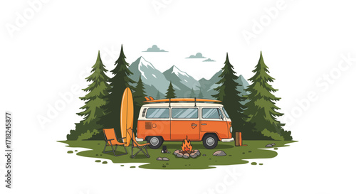 Vintage camper van in forest with surfboard and campfire scene
