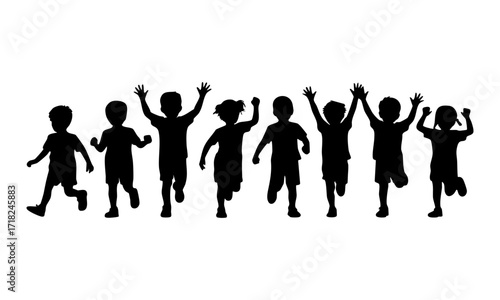 Kids Playing and Jumping Silhouettes in a Horizontal Row, Flat Vector illustration on White, easily editable and scalable.