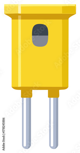 Bright yellow electrical plug with silver pins and a dark window detail