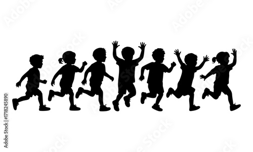 Kids Playing and Jumping Silhouettes in a Horizontal Row, Flat Vector illustration on White, easily editable and scalable.