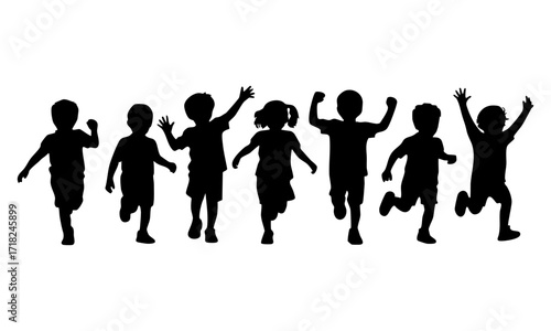 Kids Playing and Jumping Silhouettes in a Horizontal Row, Flat Vector illustration on White, easily editable and scalable.