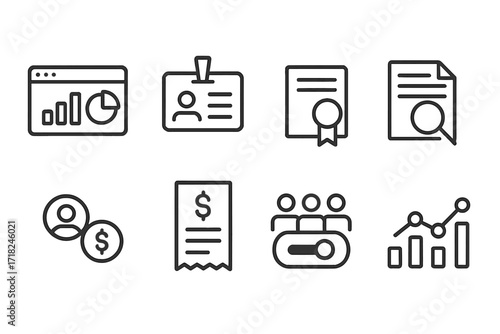 Corporate Subscription Icons. Line style icons of corporate subscriptions: enterprise dashboard, team access card, business