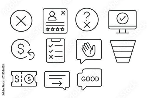 Subscription Cancellation Icons. Line style icons of subscription cancellations: cancel button icon, feedback form tile, retention