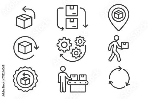 Reverse Logistics Icons. Line style icons of reverse logistics: product return arrow, reverse supply chain, collection point icon,