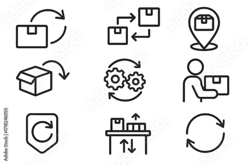 Reverse Logistics Icons. Line style icons of reverse logistics: product return arrow, reverse supply chain, collection point icon,