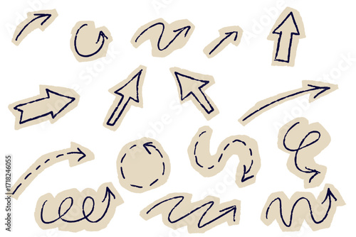 Scrapbook Hand drawn arrows, journal sketch collection with scribble forms on paper stickers, ideal for innovative designs. Black ink graphics provide flexible directions, suitable for art projects or