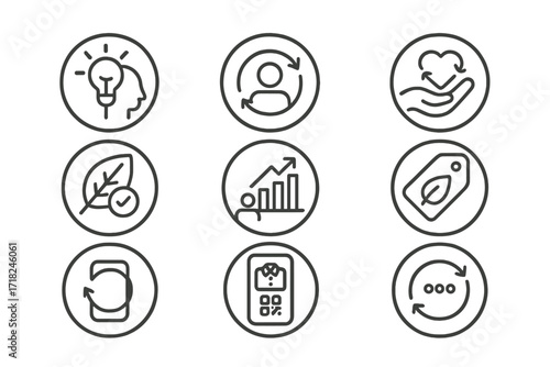 Circularity Engagement Icons. Line style icons of consumer engagement in circularity: customer awareness icon, take-back program