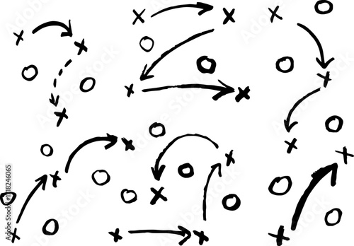Football tactic layout, sports strategy plan with arrow paths, hand drawn team guide. Ideal for soccer practice, player coordination, and coaching tools, perfect for game print.