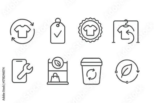 Circular Economy Icons. Line style icons of retail in circular economy: resale icon, refurbished product tag, pre-owned badge,