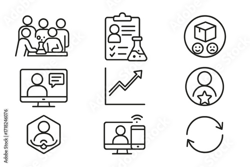 Community R&D Icons. Line style icons of community-driven R&D: collaborative lab icon, user experiment log, prototype feedback