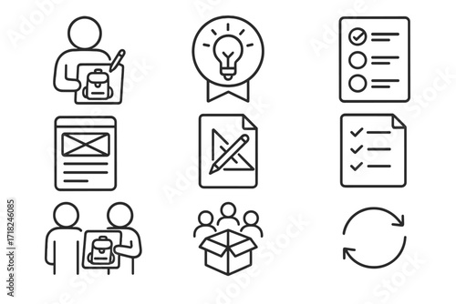 Crowdsourced Design Icons. Line style icons of crowdsourced product design: user design sketch, concept submission badge, feature