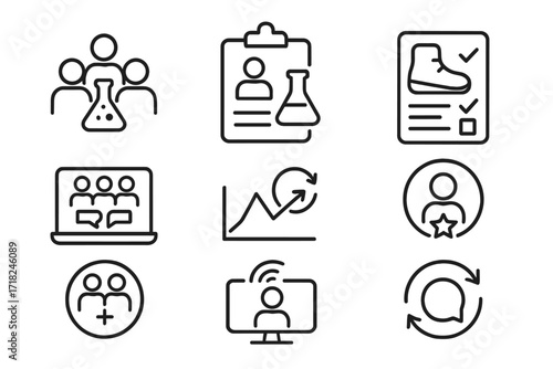 Community R&D Icons. Line style icons of community-driven R&D: collaborative lab icon, user experiment log, prototype feedback