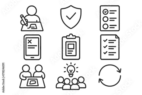 Crowdsourced Design Icons. Line style icons of crowdsourced product design: user design sketch, concept submission badge, feature