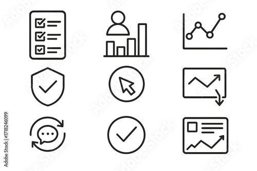 Data Icons Collection. Line style icons of data collection and validation: survey form icon, user poll chart, pattern detection