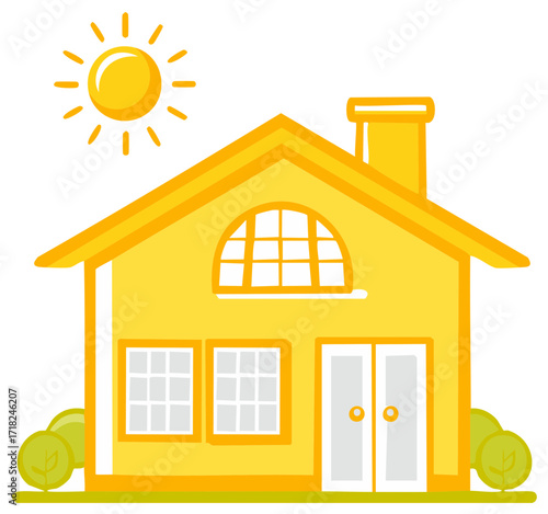Cartoon house with sun, chimney and bushes, yellow illustration