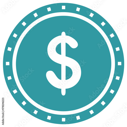 Teal coin with a white dollar sign in the center and a decorative border.