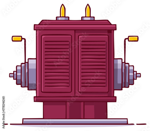 Cartoon Illustration of a Steampunk Machine with Levers, Dials, and a Maroon Body with a set of Shutters