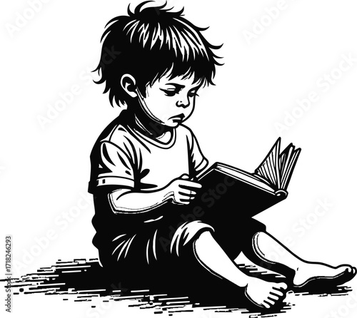 Child sitting on floor reading book, children study education sketch

