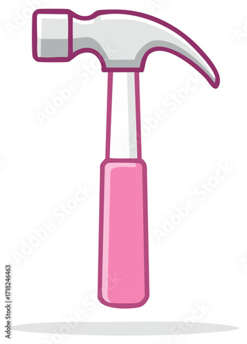 Cartoon illustration of a pink and grey hammer tool on a white background