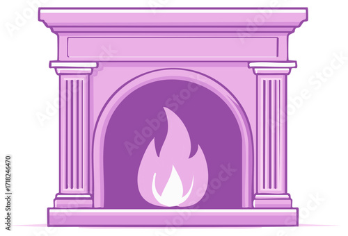Cartoon illustration of a fireplace with fire in shades of purple.