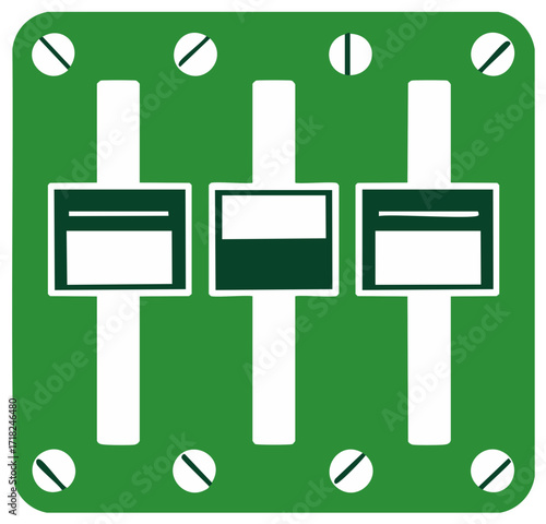 Audio mixer equalizer faders on green panel showing diverse settings graphic illustration