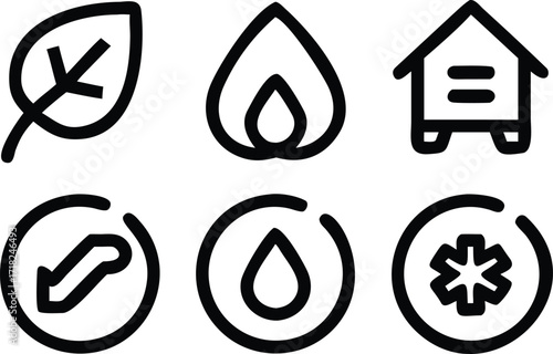 Line Art Icon Set for Sustainable Living Featuring Renewable Energy, Eco-Friendly Homes, and Water Conservation Symbols