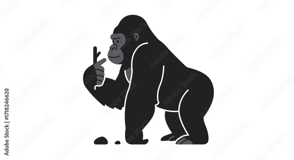 Fototapeta premium Majestic silhouette gorilla holding object safari animal primate wildlife power strength symbol icon
