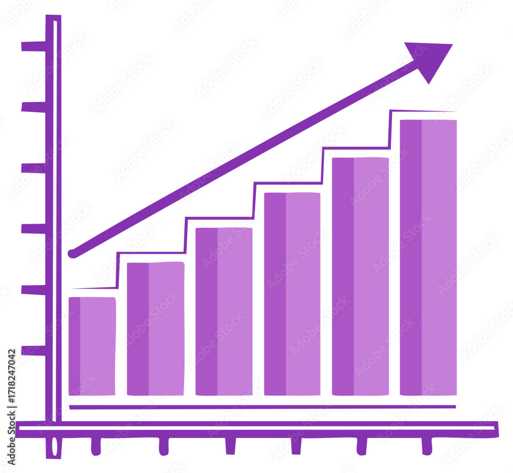 Fototapeta premium Purple bar graph with upward trending arrow representing business growth and financial success