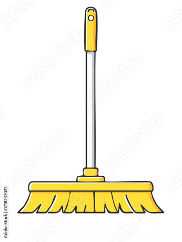 Stylized yellow broom with white handle and hanging loop for cleaning chores